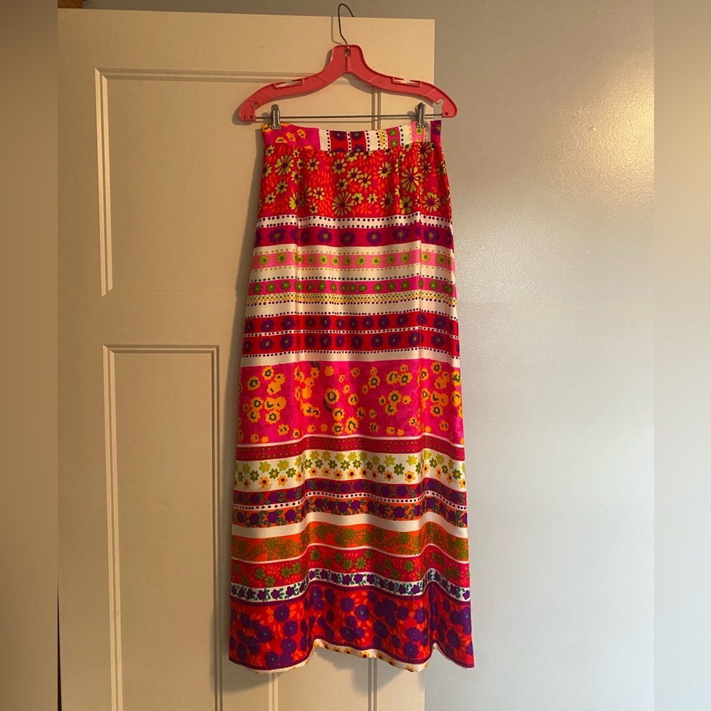Vintage 1970’s long skirt, bright-colored groovy flowers
